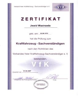 Zertifikat von Herrn Wazirzada